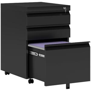 HOMCOM Mobiletto per ufficio con ruote, 3 cassetti bloccabili, 39 x 48 x 60 cm nero