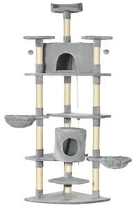 PawHut Tiragraffi per Gatti Alto con Casette e Amache Spazioso 60x60x200cm in Grigio Chiaro per Divertimento e Relax dei Tuoi Felini|Aosom