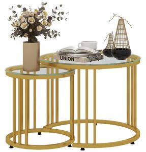 HOMCOM Set di 2 tavolini da salotto rotondi 60/40 cm piano in vetro temperato e piedi in acciaio al carbonio design moderno dorato