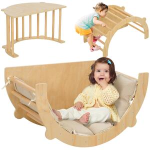 Arco Montessoriano 3 in 1 per Bambini da 18-48 Mesi Arrampicata Tavolino e Dondolo con Cuscino in Pino Color Legno