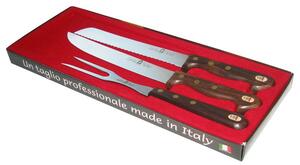 Set 3 coltelli in manico di palissandro lame inox , Coltello per pane, coltello per arrosto e forchettone
