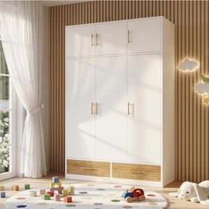 Armadio per bambini okiwish con cassetti e appendiabiti, design a 3 ante, mobile contenitore con ripiano superiore, ampio spazio di stoccaggio, bianco