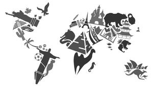 Quadri su sughero mappamondo con i simboli dei singoli continenti in bianco e nero