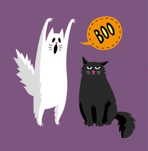 Illustrazione Cute halloween ghost and black cat, Alhontess