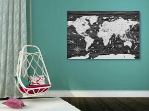 Quadri su sughero mappa in bianco e nero su sfondo in legno - 90x60 color mix