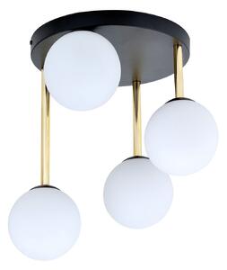 Plafoniera Contemporanea 4 Luci Myrddin Acciaio Nero Oro E Sfere Vetro Bianco
