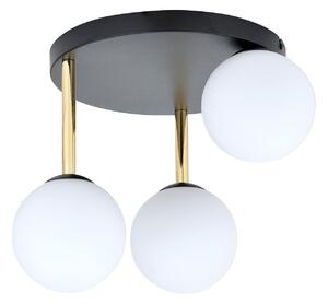Plafoniera Contemporanea 3 Luci Myrddin Acciaio Nero Oro E Sfere Vetro Bianco