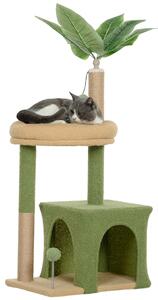 PawHut Albero Tiragraffi per Gatti con Casetta, Lettino e 2 Palline, in Legno e Poliestere, 44x30x98 cm, Verde e Marrone