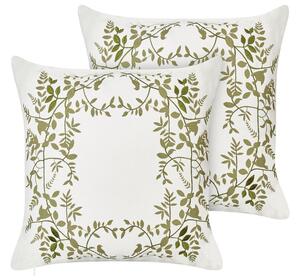 Set di 2 cuscini in cotone ricamati con motivo bianco e verde 45 x 45 cm morbida imbottitura Beliani