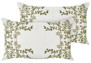Set di 2 cuscini in cotone ricamati con motivo bianco e verde 30 x 50 cm morbida imbottitura Beliani