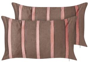 Set di 2 cuscini in cotone marrone ricamati con motivo a strisce 35 x 60 cm morbida imbottitura Beliani