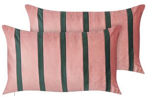 Set di 2 cuscini in cotone rosa ricamati con motivo a strisce 35 x 60 cm morbida imbottitura Beliani