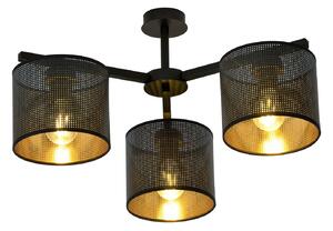 Plafoniera Industrial 3 Luci Puro Acciaio Nero E Paralumi A Cilindro Oro