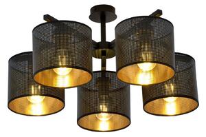 Plafoniera Industrial 5 Luci Puro Acciaio Nero E Paralumi A Cilindro Oro