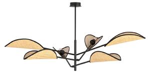 Lampadario 6 Luci Po In Acciao Nero E Rattan Con Bracci Mobili