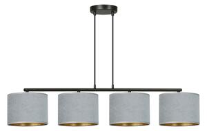 Lampadario 4 Luci Vinayaka In Acciaio Nero E Paralumi In Tessuto Grigio