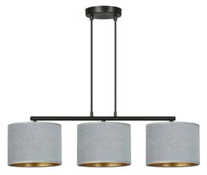 Lampadario 3 Luci Vinayaka In Acciaio Nero E Paralumi In Tessuto Grigio
