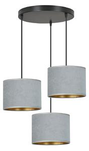 Lampadario Tondo 3 Luci Vinayaka Acciaio Nero E Paralumi In Tessuto Grigio