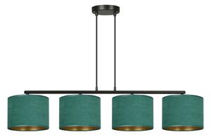 Lampadario 4 Luci Vinayaka In Acciaio Nero E Paralumi In Tessuto Verde