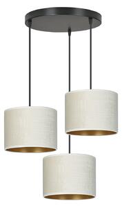 Lampadario Tondo 3 Luci Vinayaka Acciaio Nero E Paralumi In Tessuto Beige