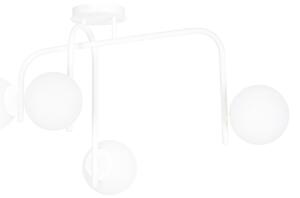 Lampadario 4 Luci Ramachandra Acciaio Bianco A Bracci E Sfere In Vetro Opalino