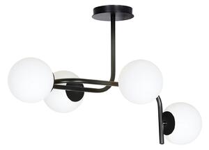 Lampadario 4 Luci Ramachandra Acciaio Nero A Bracci Curvi E Sfere Vetro Opalino