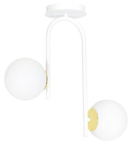 Lampadario 2 Luci Kalf Acciaio Bianco A Bracci Sfere In Vetro Opalino Oro