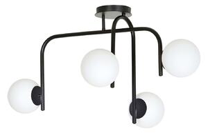 Lampadario 4 Luci Ramachandra Acciaio Nero A Bracci E Sfere In Vetro Opalino