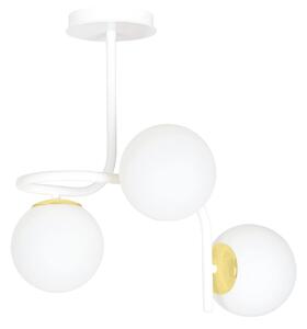 Lampadario 3 Luci Kalf Acciaio Bianco A Bracci Sfere In Vetro Opalino Oro
