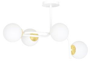 Lampadario 4 Luci Kalf Acciaio Bianco A Bracci Curvi Sfervetro Opalino Oro