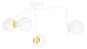 Lampadario 4 Luci Kalf Acciaio Bianco A Bracci Sfere In Vetro Opalino Oro