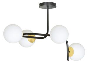 Lampadario 4 Luci Kalf Acciaio Nero A Bracci Curvi Sfervetro Opalino Oro