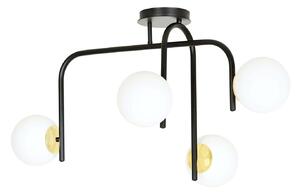 Lampadario 4 Luci Kalf Acciaio Nero A Bracci E Sfere In Vetro Opalino E Oro