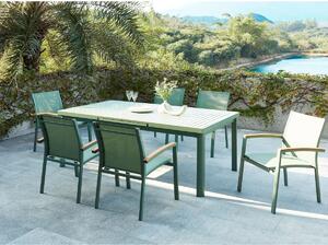 Sala pranzo giardino Alluminio Verde acqua NAURU: tavolo allung. 180/240cm 6 poltrone impil. braccioli Acacia