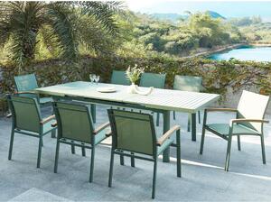 Sala pranzo giardino Alluminio Verde acqua NAURU: tavolo allung. 180/240cm 8 poltrone impil. braccioli Acacia