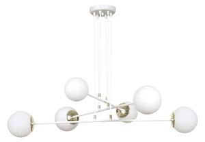 Lampadario Moderno 6 Luci Nu Kua Acciaio Bianco Oro Vetro Sfera Opale