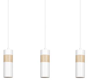 Lampadario 3 Luci Henge In Acciaio Bianco A Cilindro Con Legno Naturale