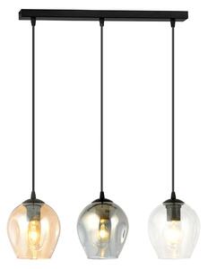 Lampadario 3 Luci Paoxi In Acciaio Nero E Vetri Ambra, Trasparente E Fumè