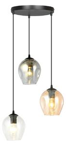Lampadario 3 Luci Paoxi Base Tonda Acciaio Nero E Vetri Ambra Trasparente E Fumè