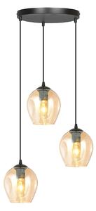Lampadario 3 Luci Paoxi Base Tonda In Acciaio Nero E Vetri Ambra
