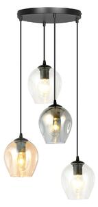 Lampadario 4 Luci Paoxi Base Tonda Acciaio Nero E Vetri Ambra Trasparente E Fumè