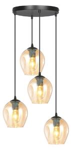 Lampadario 4 Luci Paoxi Base Tonda In Acciaio Nero E Vetri Ambra