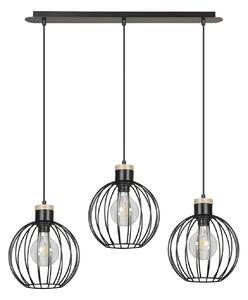Lampadario 3 Luci Bueno Paralumi A Gabbia In Acciaio Nero E Legno Naturale