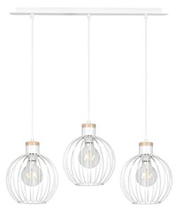 Lampadario 3 Luci Bueno Paralumi A Gabbia In Acciaio Bianco E Legno Naturale