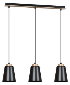 Lampadario 3 Luci Du Lac Con Paralumi A Cono In Acciaio Nero E Legno Naturale