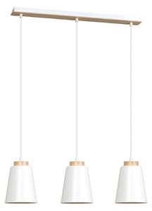 Lampadario 3 Luci Du Lac Con Paralumi A Cono In Acciaio Bianco E Legno Naturale