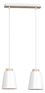 Lampadario 2 Luci Du Lac Con Paralumi A Cono In Acciaio Bianco E Legno Naturale