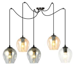 Sospensione 5 Luci Galvano In Acciaio Nero E Vetro Multicolor Con Cavi Lunghi