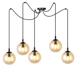Lampadario 5 Luci Fata In Acciaio Nero Con Cavo Lungo E Vetri Ambra