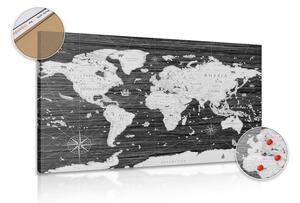 Quadri su sughero mappa in bianco e nero su sfondo in legno - 90x60 color mix